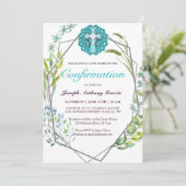 Invitation Elégante Croix Bleue Botanique Confirmation Floral (Debout devant)
