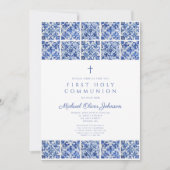 Invitation Elégante Croix Bleue Carreaux Garçon Première Comm (Devant)