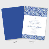 Invitation Elégante Croix Bleue Carreaux Garçon Première Comm