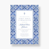 Invitation Elégante Croix Bleue Carreaux Garçon Première Comm