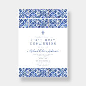 Invitation Elégante Croix Bleue Carreaux Garçon Première Comm