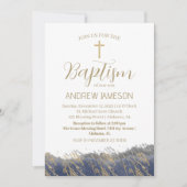Invitation Elégante Croix Bleue Chrétienne Or | Baptême (Devant)