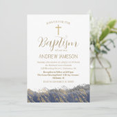 Invitation Elégante Croix Bleue Chrétienne Or | Baptême (Debout devant)