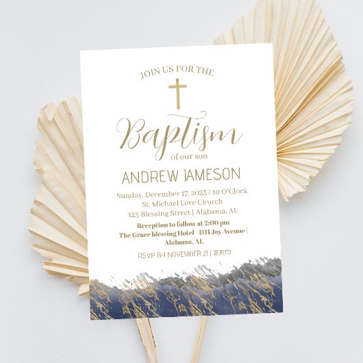 Invitation Elégante Croix Bleue Chrétienne Or | Baptême