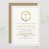 Invitation Elégante Croix Bleue Chrétienne Or | Baptême (Devant / Derrière)