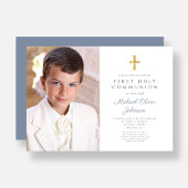 Invitation Elégante Croix Bleue Dusty Photo Boy First Communi