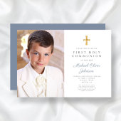 Invitation Elégante Croix Bleue Dusty Photo Boy First Communi