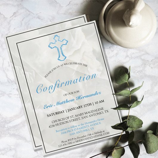 Invitation Elégante Croix Bleue Marbre Garçons Confirmation