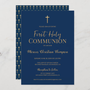Invitation Elégante Croix Bleue Or Garçon Première communion 
