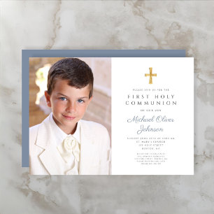 Invitation Élégante Croix Bleue Poussiéreuse Photo Garçon Pre