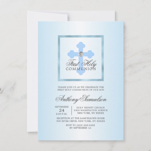 Invitation Elégante Croix Bleue Première Communion Sainte GAR (Devant)
