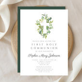 Invitation Elégante Croix Botanique Verte Première Communion