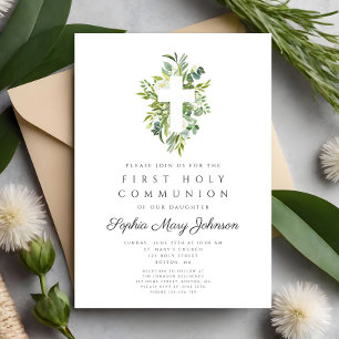 Invitation Elégante Croix Botanique Verte Première Communion