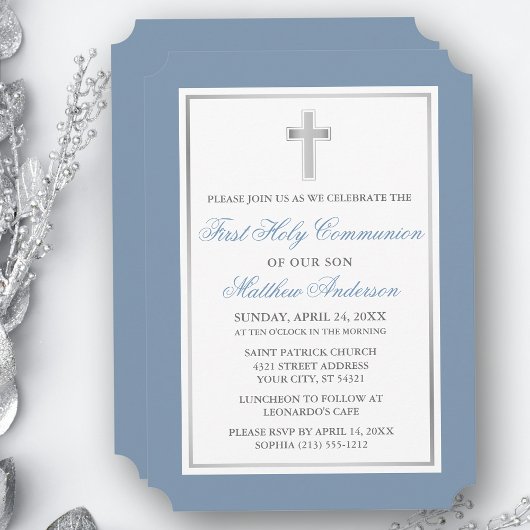 Invitation Elégante croix d'argent Dusty Blue First Communion