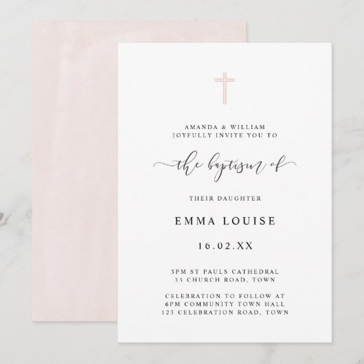 Invitation Élégante croix de baptême à l'aquarelle minimalist (Devant / Derrière)
