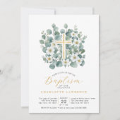 Invitation Elégante croix de Baptême verte Eucalyptus (Devant)