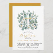 Invitation Elégante croix de Baptême verte Eucalyptus (Devant / Derrière)