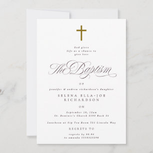 Invitation Élégante croix de bois Calligraphie Baptême