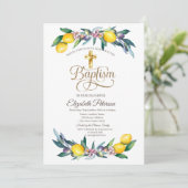 Invitation Elégante Croix d'or Aquarelle Citrons Olives (Debout devant)