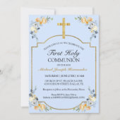Invitation Elégante Croix d'or Bleu Floral 1ère Sainte Commun (Devant)