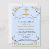 Invitation Elégante Croix d'or bleu Floral Confirmation (Devant)