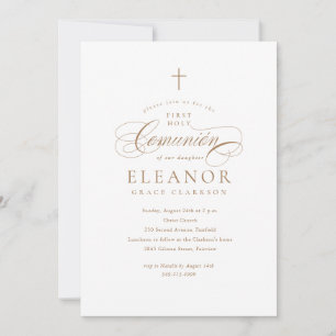 Invitation Élégante croix d'or Calligraphie Première Comunión