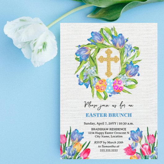 Invitation Elégante Croix d'or OEufs de Pâques Tulipes
