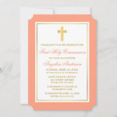Invitation Elégante Croix d'or Peach Première communion (Devant)