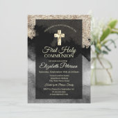Invitation Elégante Croix d'or Première communion sainte (Debout devant)
