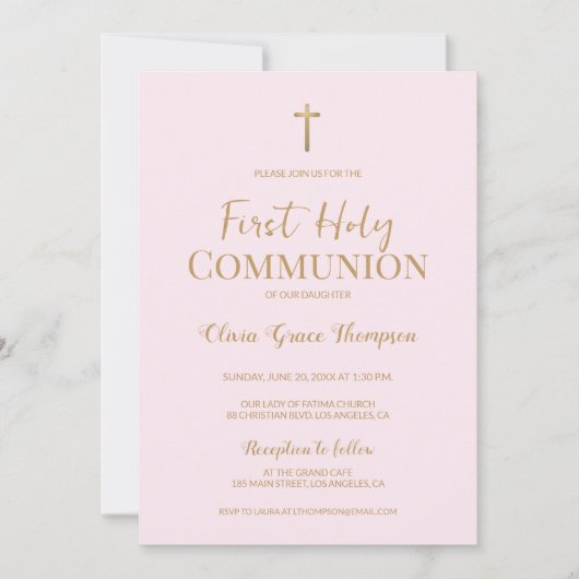 Invitation Elégante Croix d'or rose fille Première communion (Devant)
