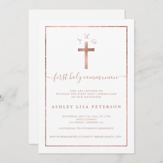 Invitation Élégante croix d'or rose monogramme première commu (Devant / Derrière)
