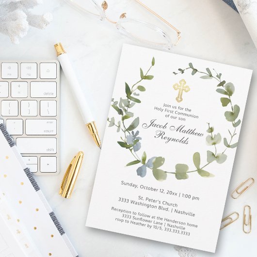 Invitation Elégante Croix d'Or Sainte Communion Verdure