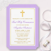 Invitation Elégante Croix d'or Violet Première Communion