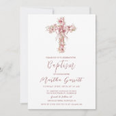 Invitation Élégante Croix Et Fleurs Roses Fille Baptême (Devant)