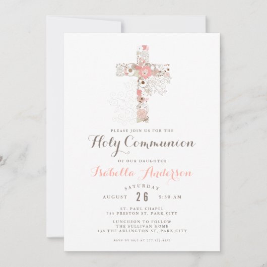 Invitation Elégante croix florale de communion blanche (Devant)