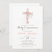 Invitation Elégante croix florale de communion blanche (Devant / Derrière)