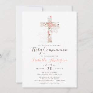Invitation Elégante croix florale de communion blanche