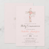 Invitation Élégante croix florale de communion rose-rousse (Devant / Derrière)
