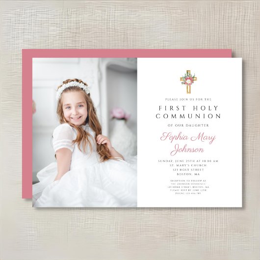 Invitation Elégante Croix Florale Fille Première Communion Ph