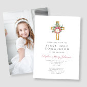 Invitation Elégante Croix Florale Fille Première Communion Ph
