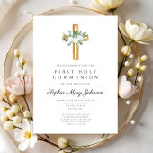 Invitation Elégante Croix Florale Fille Première Sainte Commu