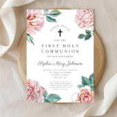Invitation Elégante Croix Florale Première Communion Fille