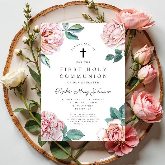 Invitation Elégante Croix Florale Première Communion Fille