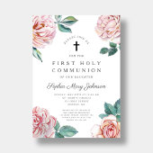 Invitation Elégante Croix Florale Première Communion Fille