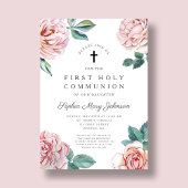 Invitation Elégante Croix Florale Première Communion Fille