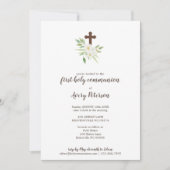 Invitation Elégante Croix Florale Première Communion Sainte (Devant)