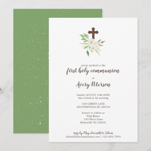 Invitation Elégante Croix Florale Première Communion Sainte (Devant / Derrière)