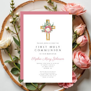 Invitation Elégante Croix Florale Première Communion Sainte