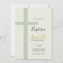 Élégante Croix Minimaliste Baptême Vert Sauge Or