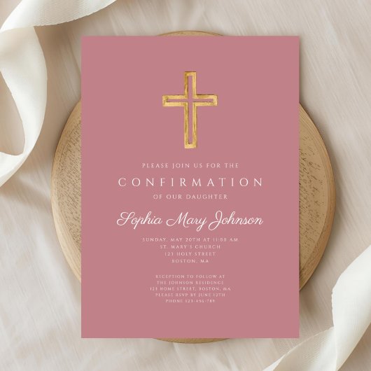 Invitation Élégante Croix religieuse rose Confirmation fille